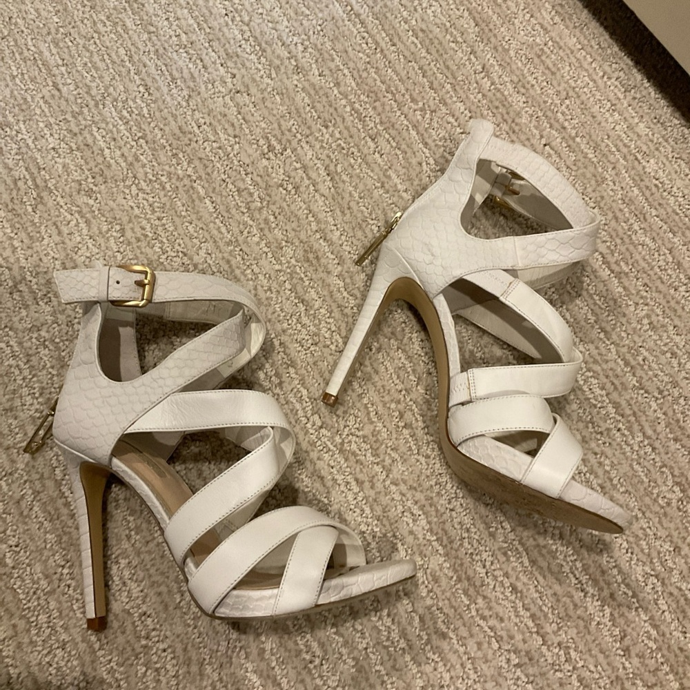 Guess White Strappy Heels with Gold Buckle